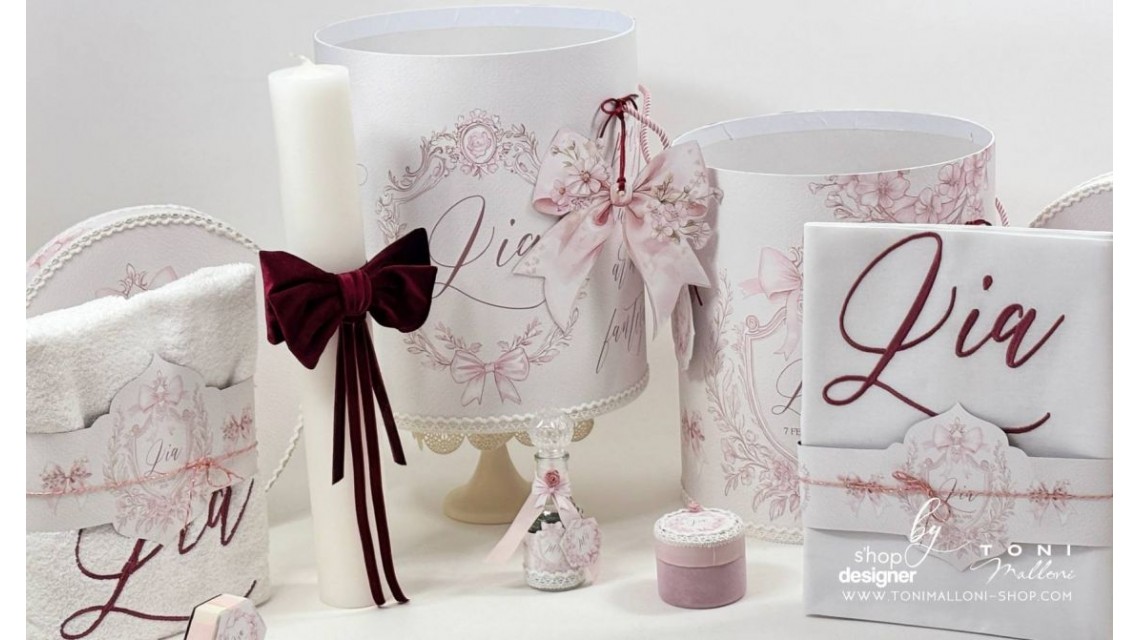 Lumânare botez albă Stâlp 40x8 cm fundă catifea burgundy Pink Bow 10